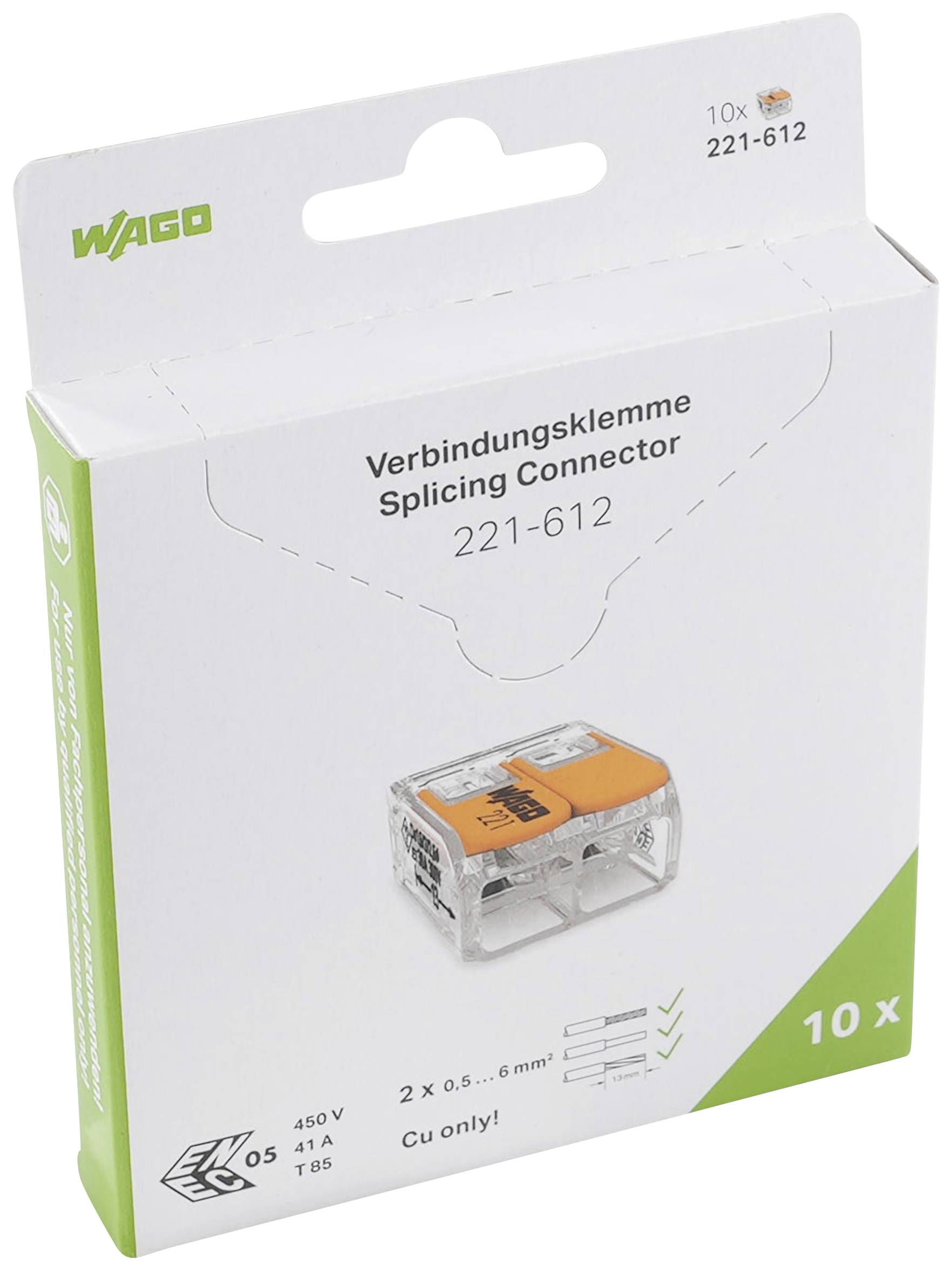 Verpackung einer Splicing Connector-Verbindungsklemme, Modell 221-612 von WAGO, für Kabel 2x0,5–6mm². Enthält 10 Stück.