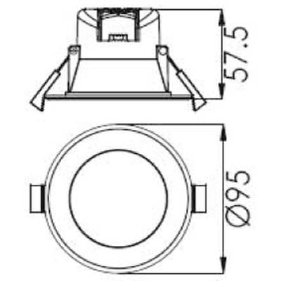 'Technische Zeichnung eines Deckeneinbaustrahlers mit zwei Ansichten. Höhenmaß 57,5 mm, Durchmesser 95 mm.'