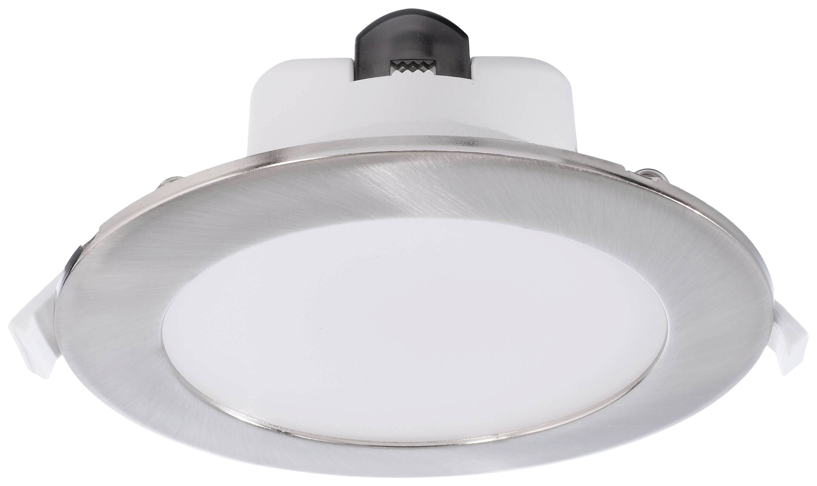 Ein rundes, silbernes Downlight mit mattem Glas im Zentrum, zur Deckenmontage. Ideal für moderne Innenräume.
