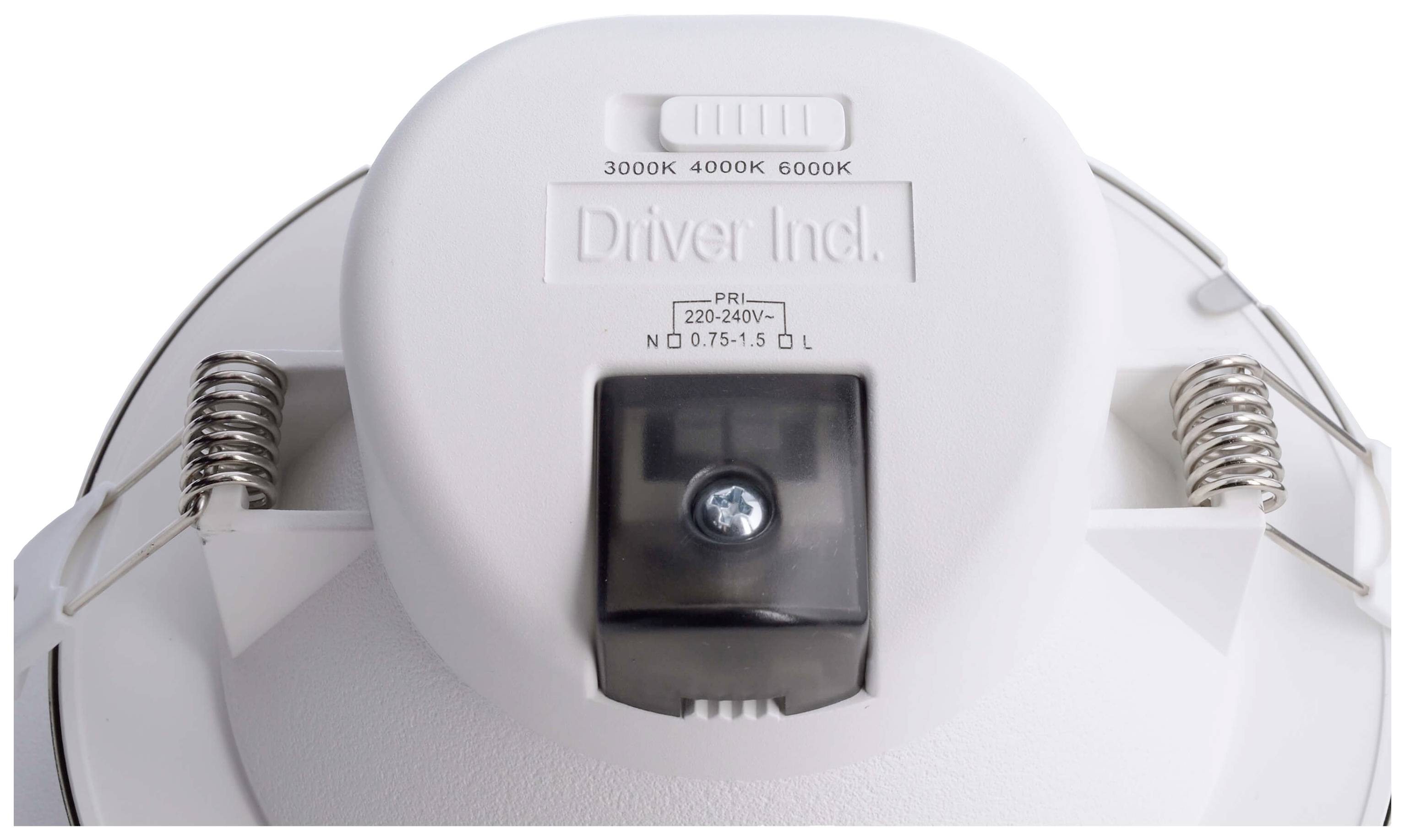 Oberansicht einer runden Lampe mit drei einstellbaren Lichttemperaturen: 3000K, 4000K und 6000K. Silberne Federn an den Seiten.