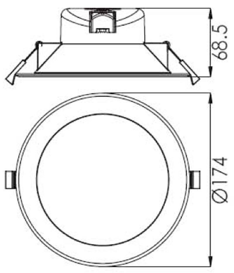 Technische Zeichnung einer runden Deckeneinbauleuchte mit den Maßen: Durchmesser 174 mm, Höhe 68,5 mm. Draufsicht und Seitenansicht.