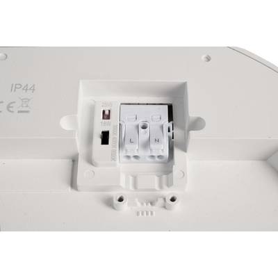 Einbauleuchte mit sichtbarer Anschlussdose, L- und N-Anschlüsse, Schalter für 25W und 18W Leistungseinstellung, IP44-Zertifizierung.