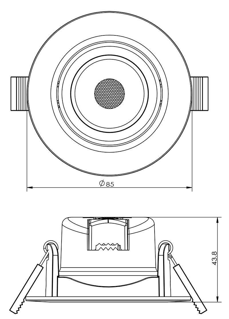 'Diagramm einer runden Einbauleuchte mit Abmessungen. Obere Ansicht zeigt einen Durchmesser von 85 mm. Seitenansicht zeigt die Höhe von 43,8 mm.'