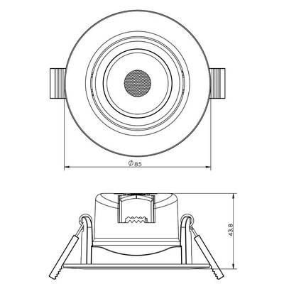 Zeichnung eines runden Einbaustrahlers mit technischen Maßen: Durchmesser 85 mm, Höhe 43,8 mm. Sicht von oben und Seite.