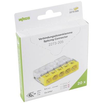 Die Verpackung zeigt eine WAGO-Verbindungsdosenklemme, Modellnummer 2273-205, 20 Stück. Geeignet für 450V, 24A, 5-fach Anschluss.