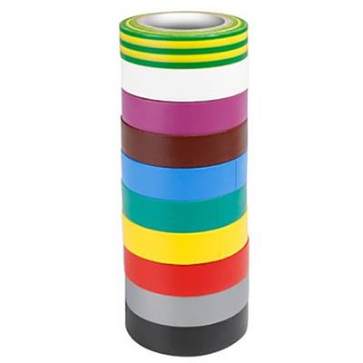 Ein Stapel unterschiedlich farbiger Isolierbänder: grün-gelb, schwarz, violett, braun, blau, grün, gelb, weiß, grau, rot, schwarzgrau.