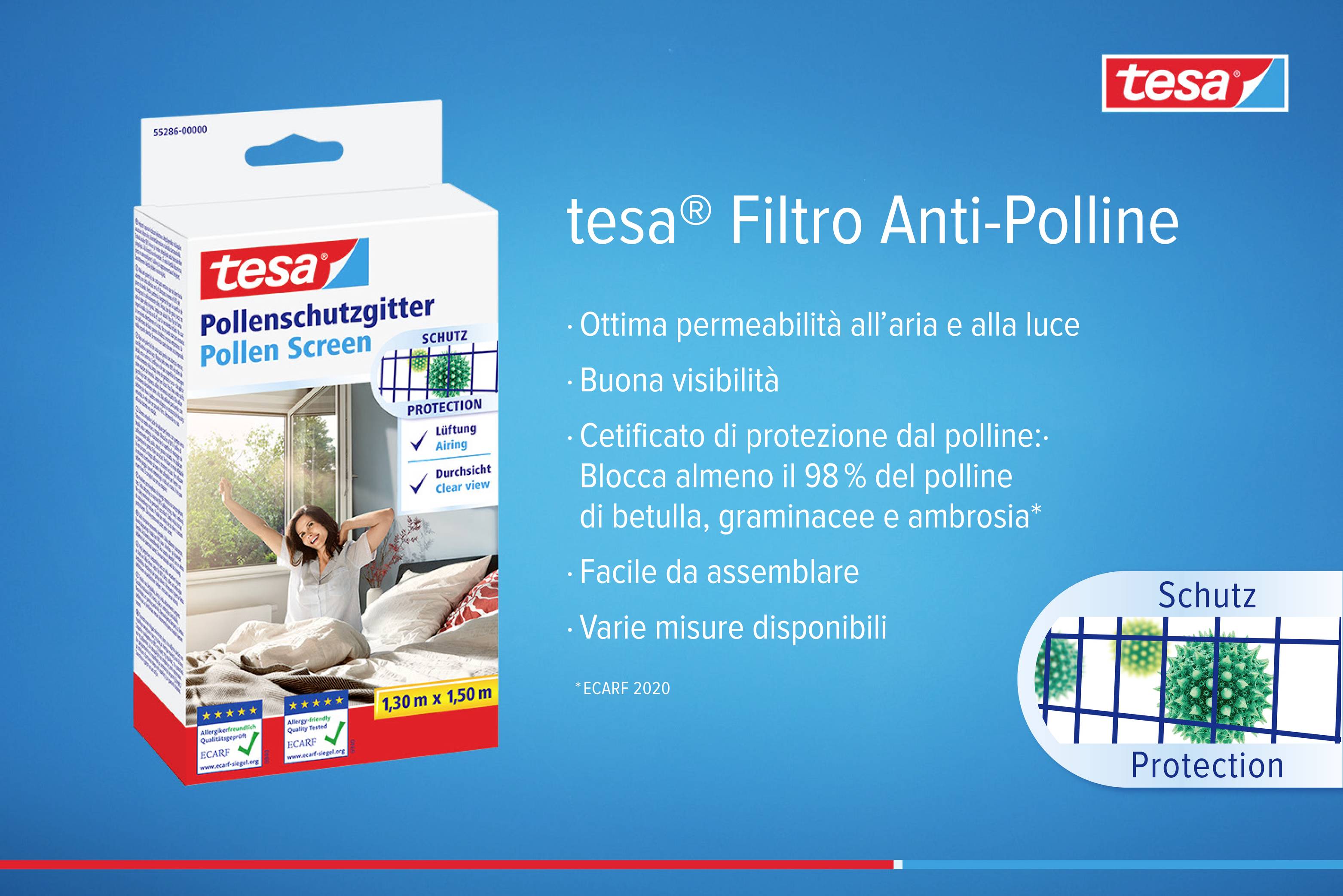 'Bild einer Verpackung für ein Pollenschutzgitter von tesa. Produktversprechen: Hohe Luft- und Lichtdurchlässigkeit, hoher Schutz vor Pollen.'
