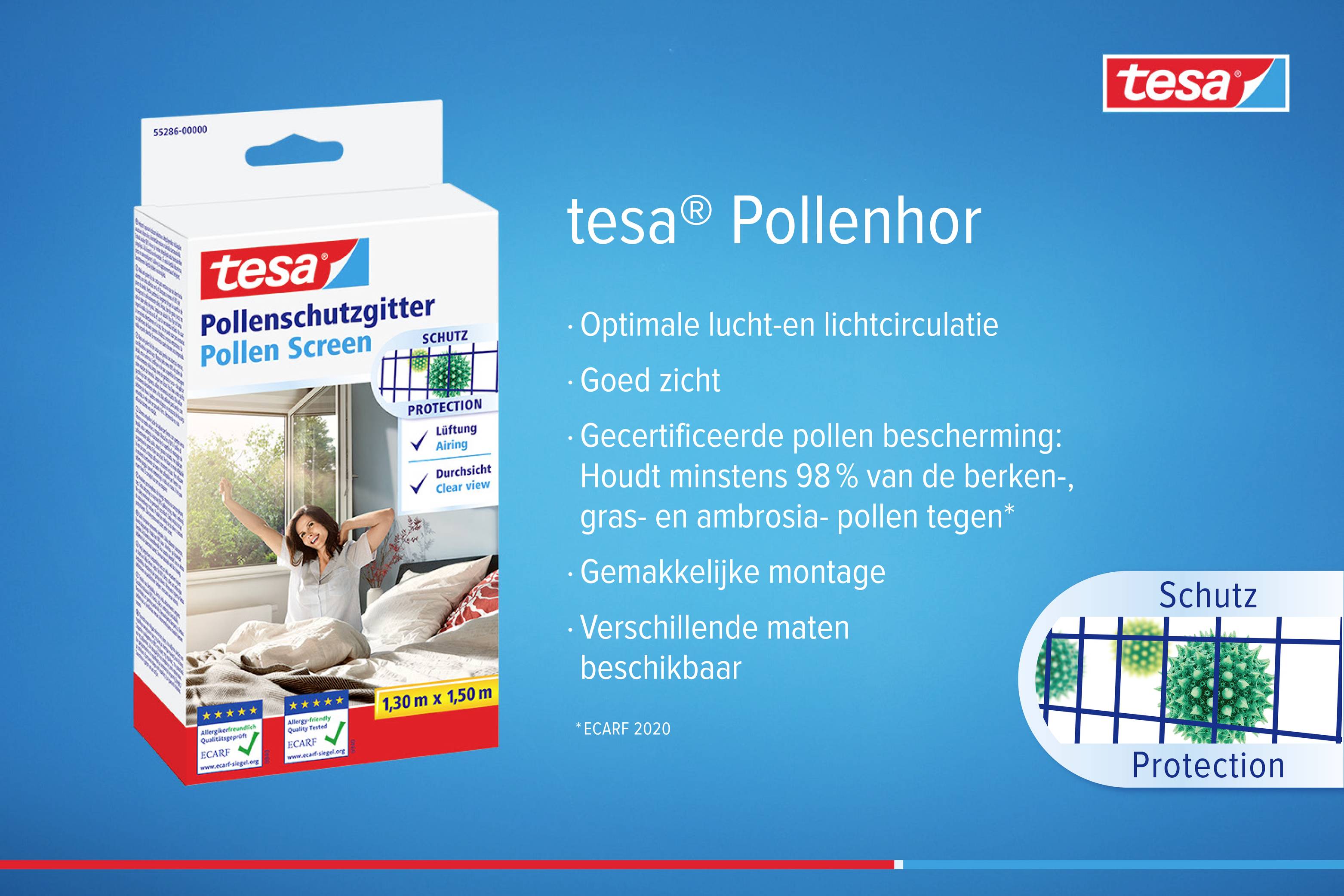 Eine Verpackung mit 'tesa Pollenschutzgitter' wird gezeigt. Hauptmerkmale: Optimale Luftzirkulation, guter Sichtschutz, einfache Montage.