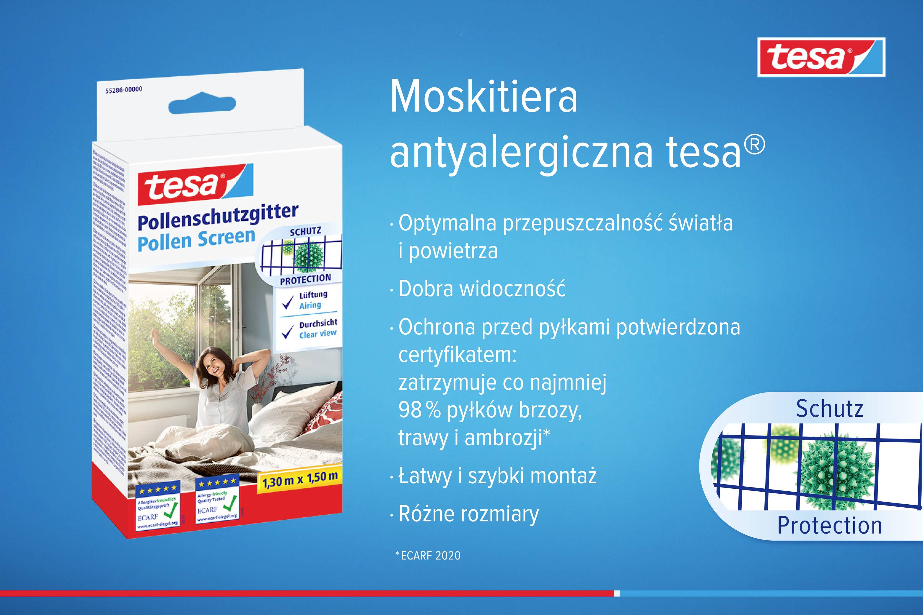 Moskito-Schutzgitter von Tesa, bietet gute Sichtbarkeit und hält 98 % der Pollen ab. Einfache Montage, verschiedene Größen.