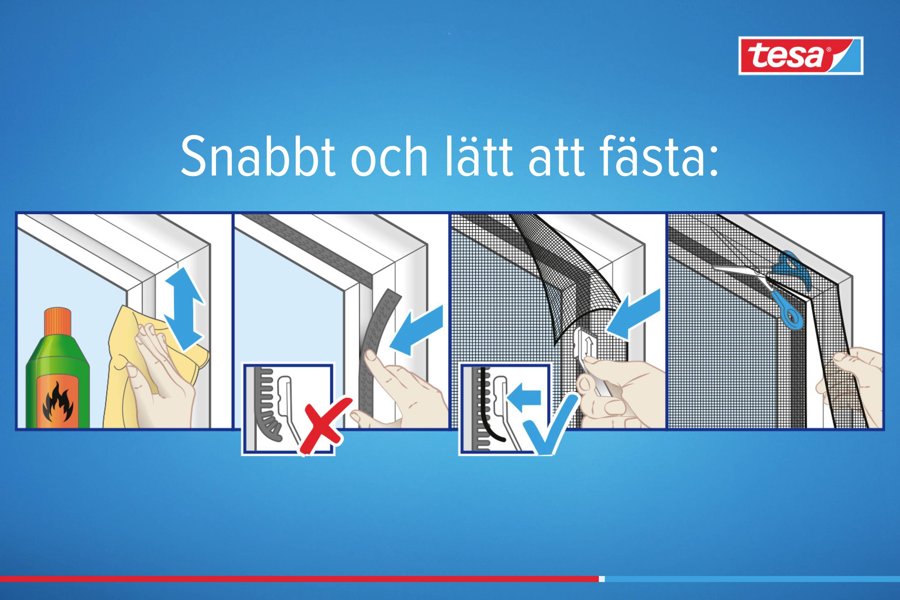 Eine schrittweise Anleitung zum Anbringen eines Fliegengitters an einem Fenster: 1. Reinigen, 2. Klebeband befestigen, 3. Gitter anbringen, 4. Gitter zuschneiden.