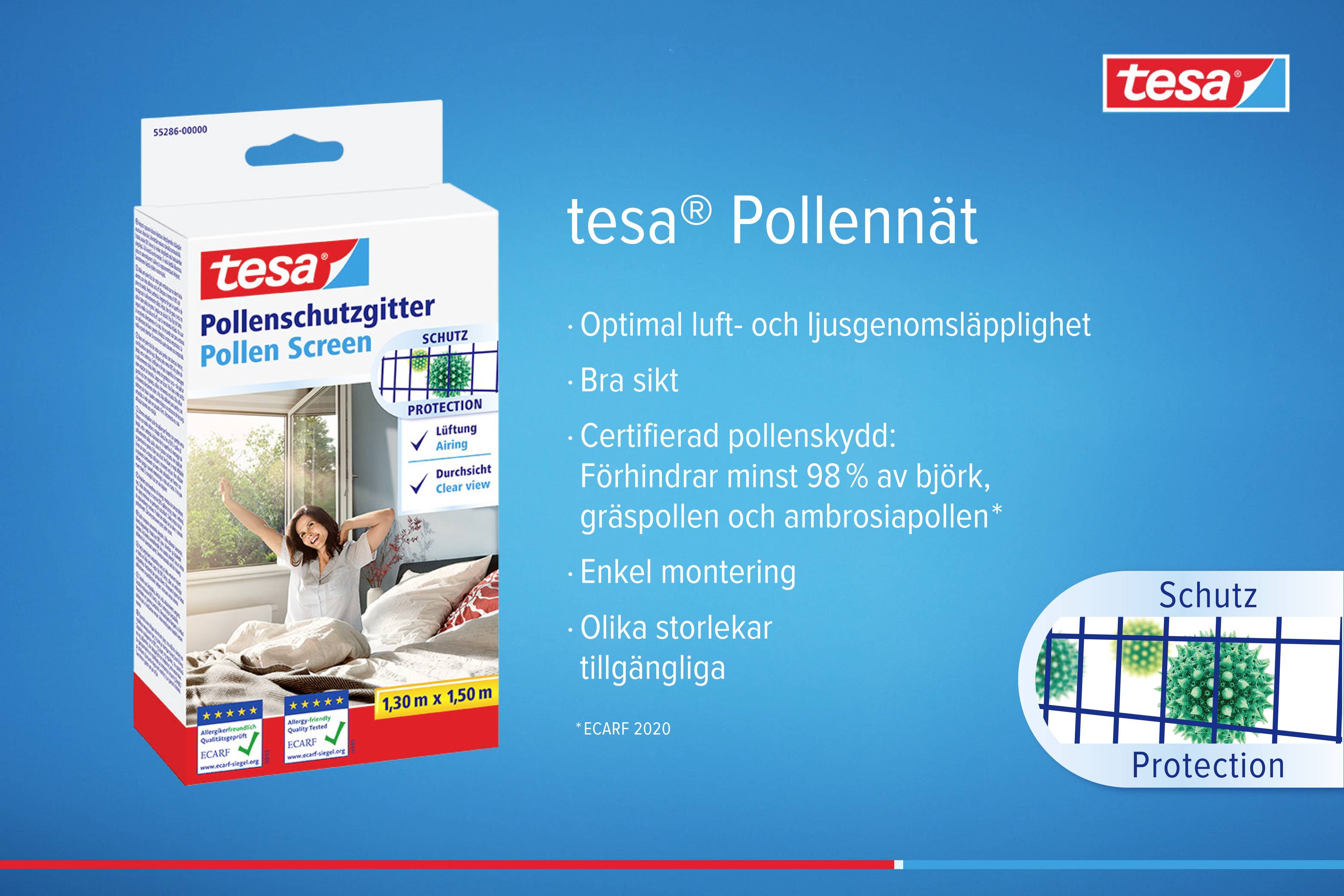Verpackung von 'tesa Pollenschutzgitter Pollen Screen' neben Produktvorteilen: optimaler Luft- und Lichtdurchlass, zertifizierter Pollenschutz, einfache Montage.