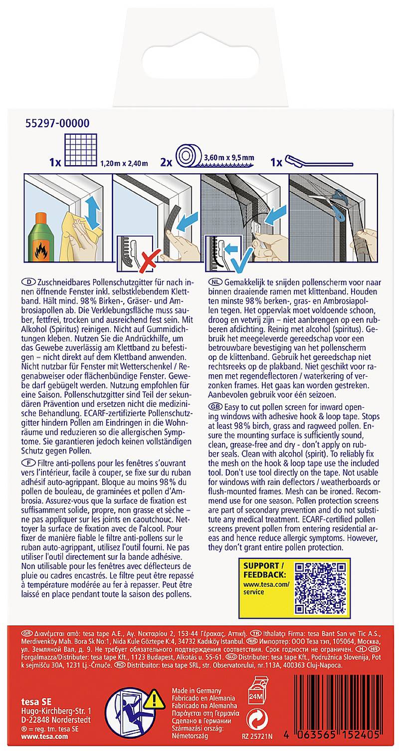 'Anleitung für ablösbares Pollenschutzgitter: Schritt-für-Schritt-Beschreibung mit Bildern. Enthält QR-Code für weitere Informationen.'