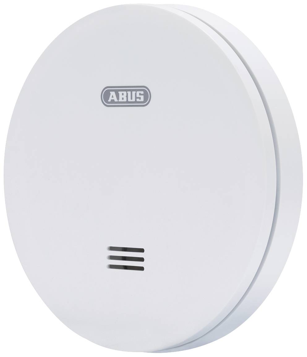 Ein runder, weißer Rauchmelder mit dem Logo 'ABUS' in der Mitte. Er hat Lüftungsschlitze unten.
