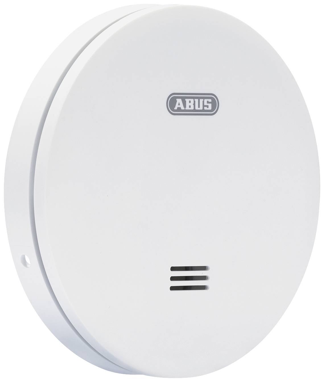 Ein weißer Rauchmelder der Marke ABUS an einer Wand montiert.