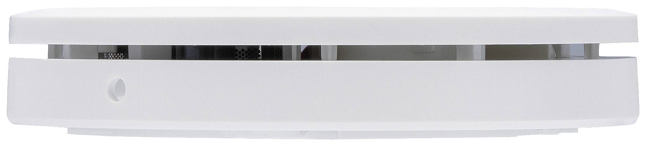 Weißer Rauchmelder in Seitenansicht, zylindrische Form mit einem kleinen runden Sensor an der Seite.