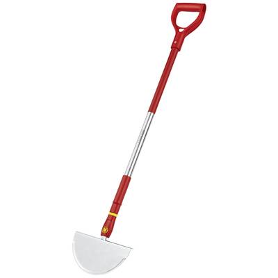 Ein roter Rasenkantenstecher mit einem halbkreisförmigen Metallblatt und einem schaufelförmigen Griff, ideal zum Abstechen von Rasenkanten.