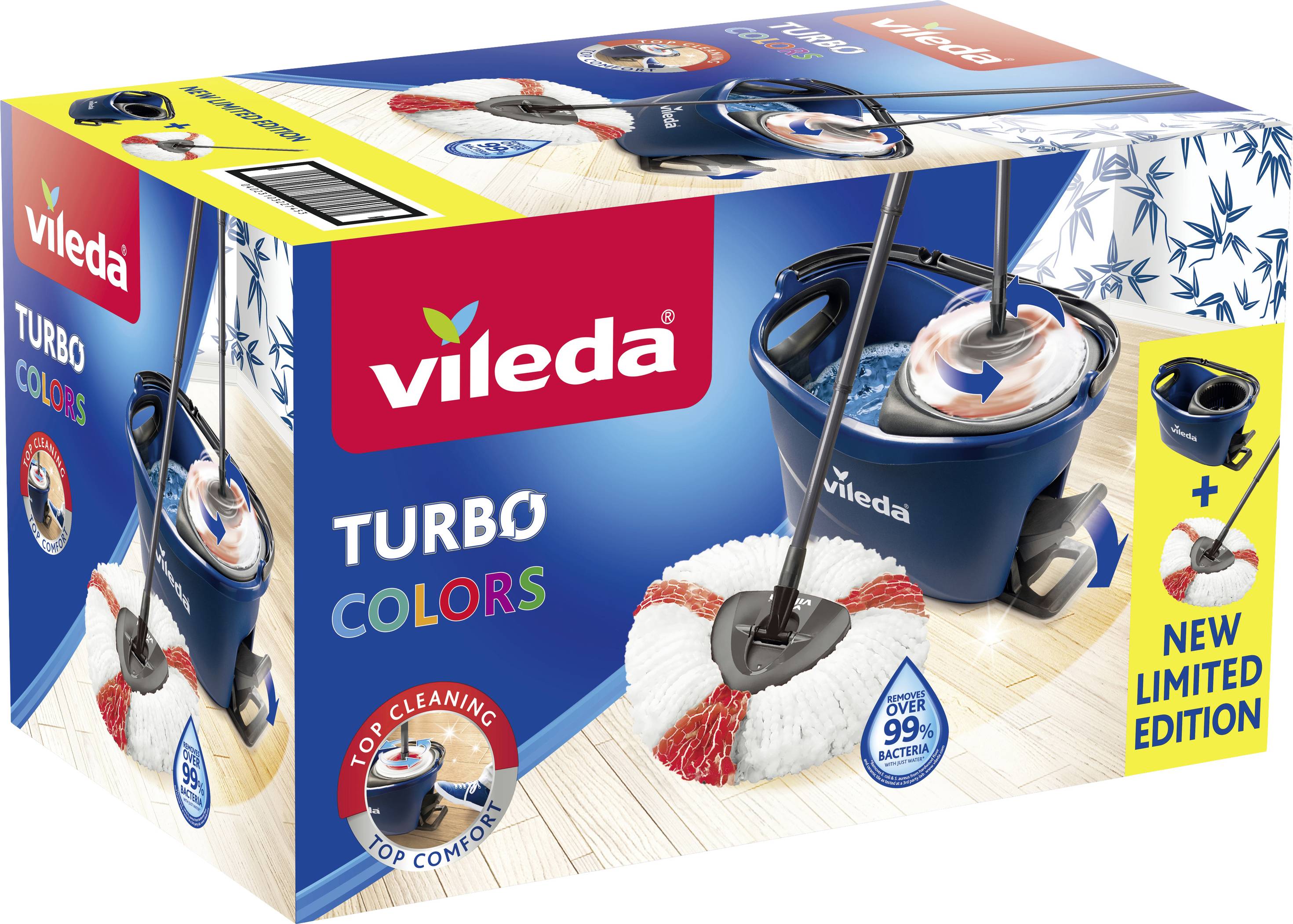 Verpackung eines Vileda Turbo Colors Mop-Sets, blau-rotes Design, enthält Eimer und Mop mit zentrifugalartiger Schleudermechanik.