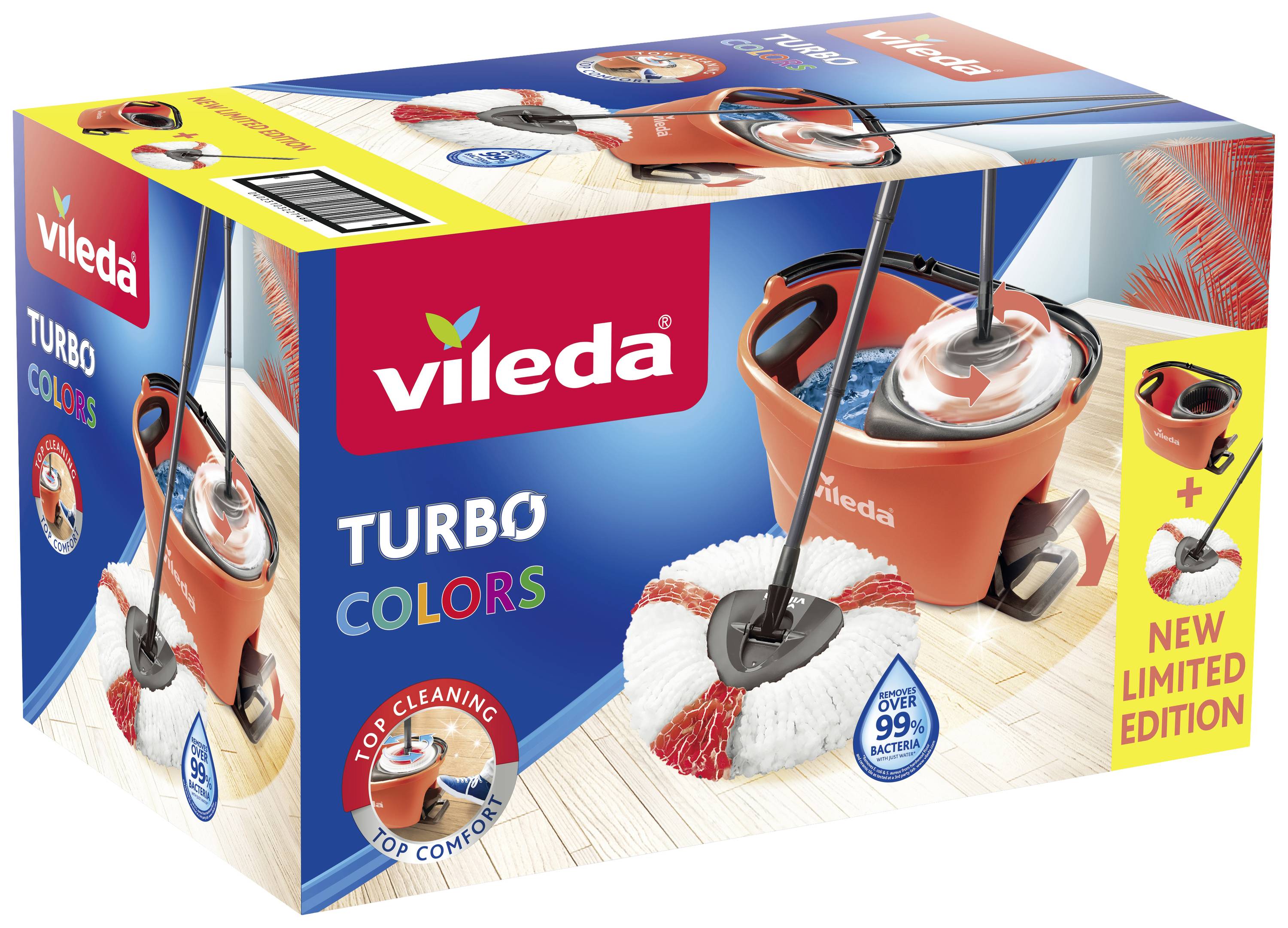 Kartonschachtel eines Vileda Turbo Colors Wischsets, zeigt Mopp und Eimer. Aufschrift: 'Top Cleaning', 'Top Comfort', 'New Limited Edition'.