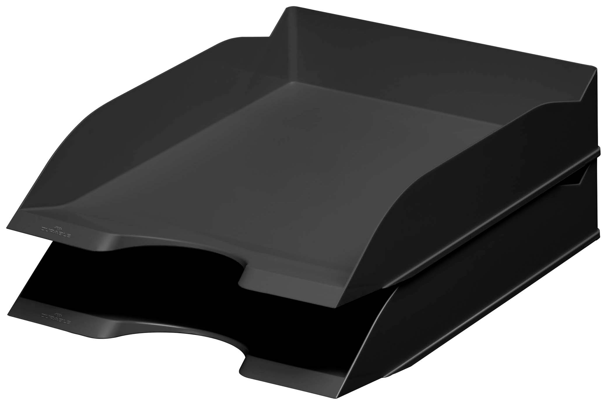 Zwei schwarze Ablagefächer, übereinander gestapelt, ideal zur Organisation von Dokumenten auf einem Schreibtisch.