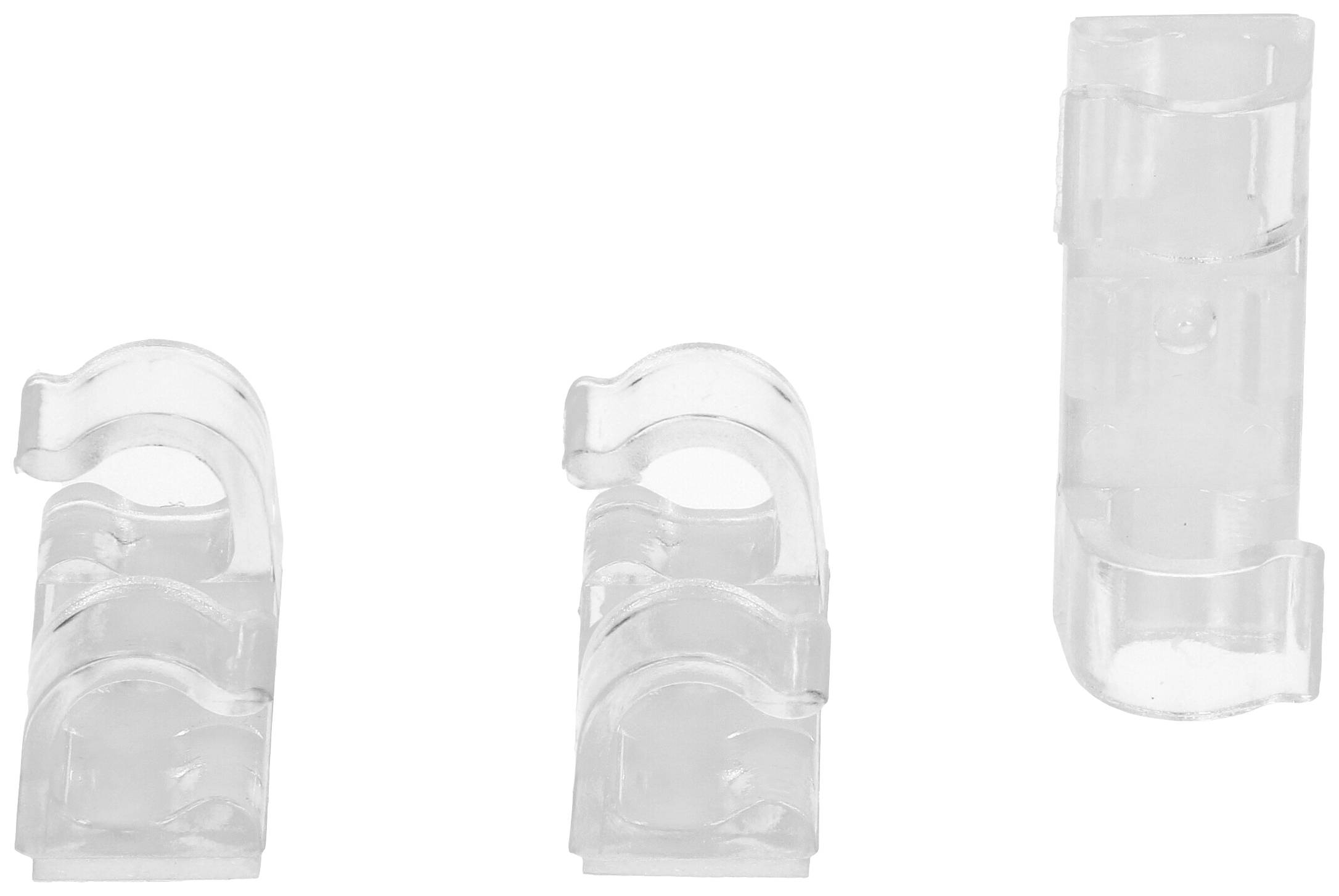 Drei transparente Kabelclips; einer rechts größer, für Kabelorganisation.