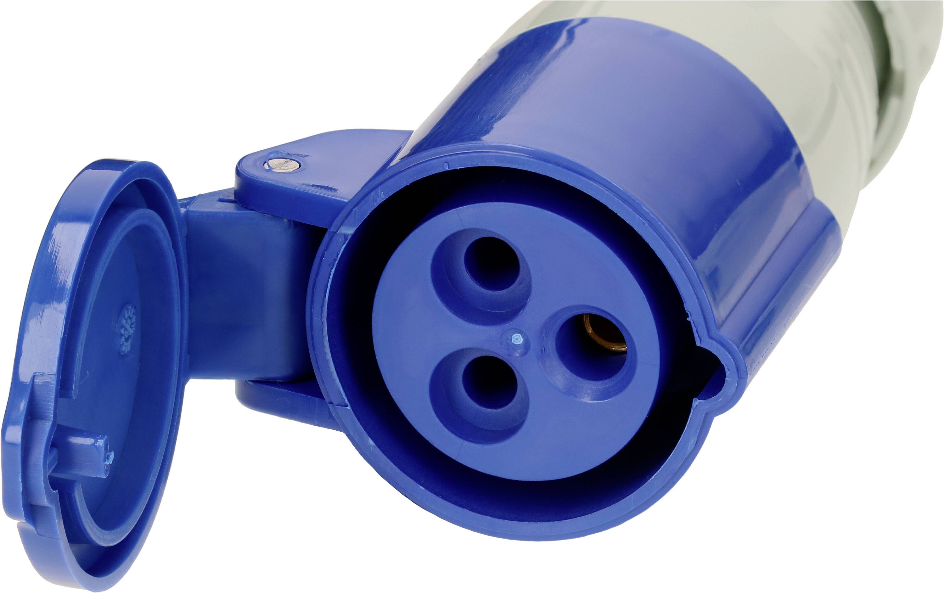 Blauer CEE-Stecker mit drei runden Öffnungen und Schutzklappe; geeignet für industrielle Stromverbindungen.