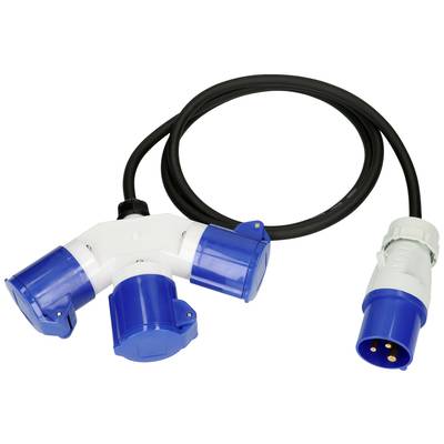 Ein dreifacher blauer CEE-Steckverbinder mit Kabel, geeignet für den Anschluss mehrerer Geräte an eine Stromquelle.