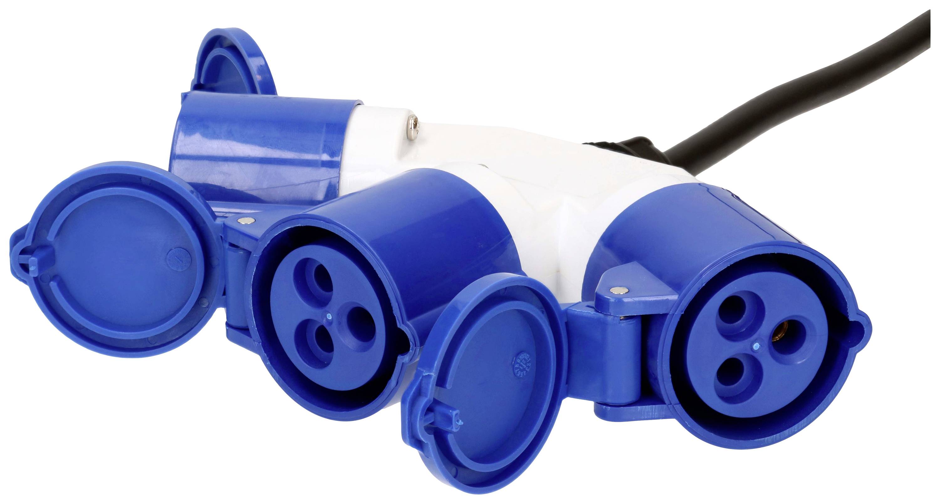 Ein blauer und weißer Adapterstecker mit drei blauen Steckdosenanschlüssen und einem schwarzen Kabel, aus Plastik.