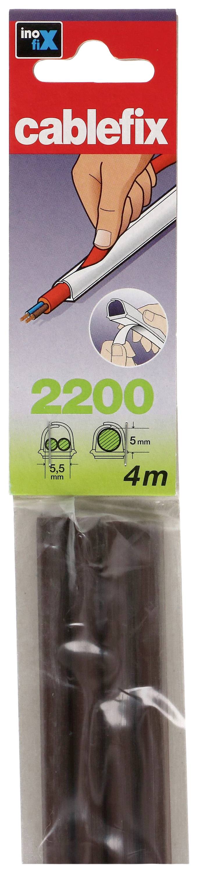 Verpackung eines 'cablefix' Produkts von inofix. Zeigt eine Hand, die ein Kabel fixiert. Geeignet für Kabeldurchmesser von 5,5 bis 9 mm, 4 m lang.