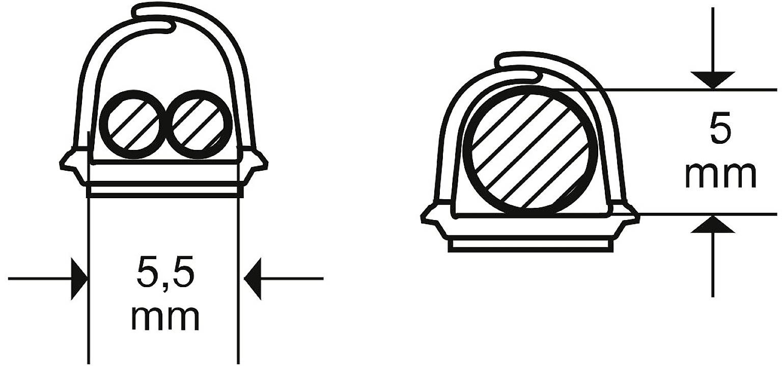 Technische Zeichnung eines elektronischen Bauteils mit zwei Ansichten. Abmessungen sind 5,5 mm Breite und 5 mm Höhe angegeben.