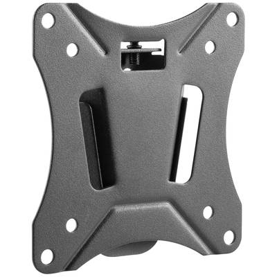 Eine schwarze, rechteckige Metallhalterung mit mehreren Löchern, vermutlich zur Befestigung an einer Wand oder einem Monitor.