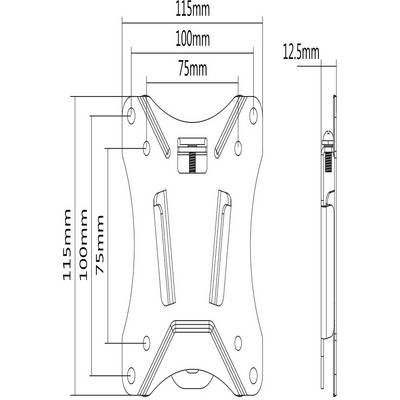 Technische Zeichnung einer Halterung mit Maßen: 115mm x 100mm, Dicke 12,5mm. Schraubenpositionen und zentrale Konnektorbefestigung sichtbar.