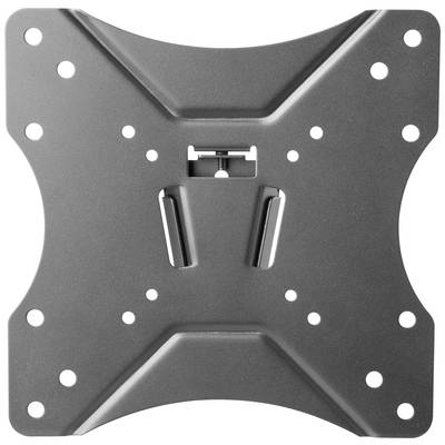 Eine schwarze TV-Wandhalterung mit symmetrischem Design und mehreren Schraubenlöchern für die Befestigung an der Wand und am Gerät.