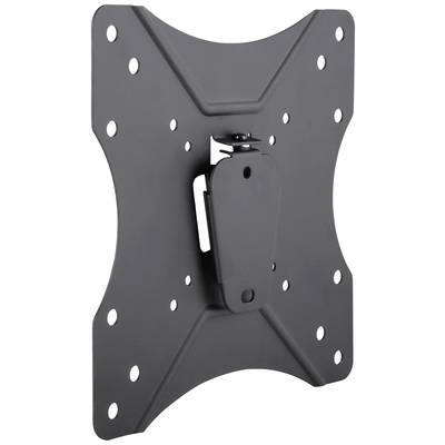 Schwarze, flache TV-Wandhalterung aus Metall mit mehreren Schraublöchern für flexible Befestigungsmöglichkeit.