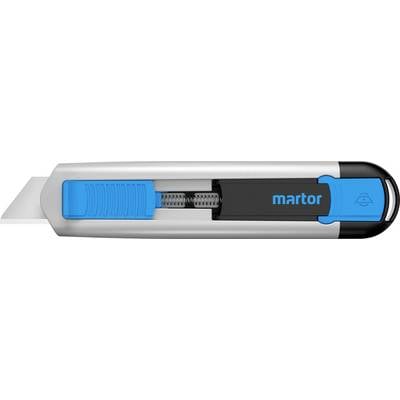 Ein silber-schwarzes Sicherheitsmesser mit blauen Akzenten und der Aufschrift 'Martor'. Das Messer hat eine einziehbare Klinge.