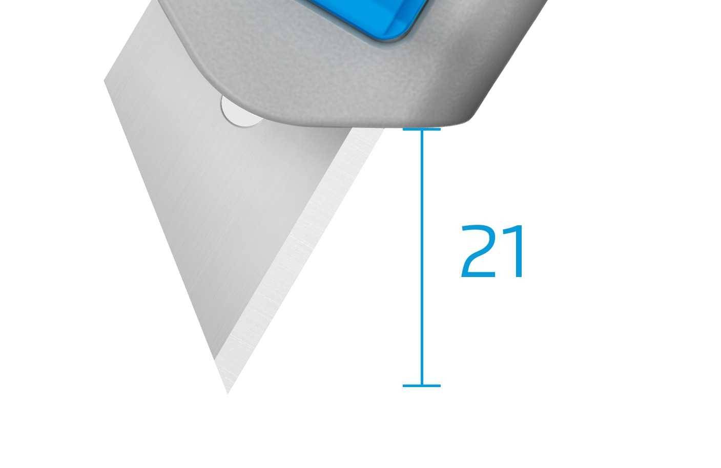 Ein Cuttermesser zeigt die Klingenlänge von 21 mm.