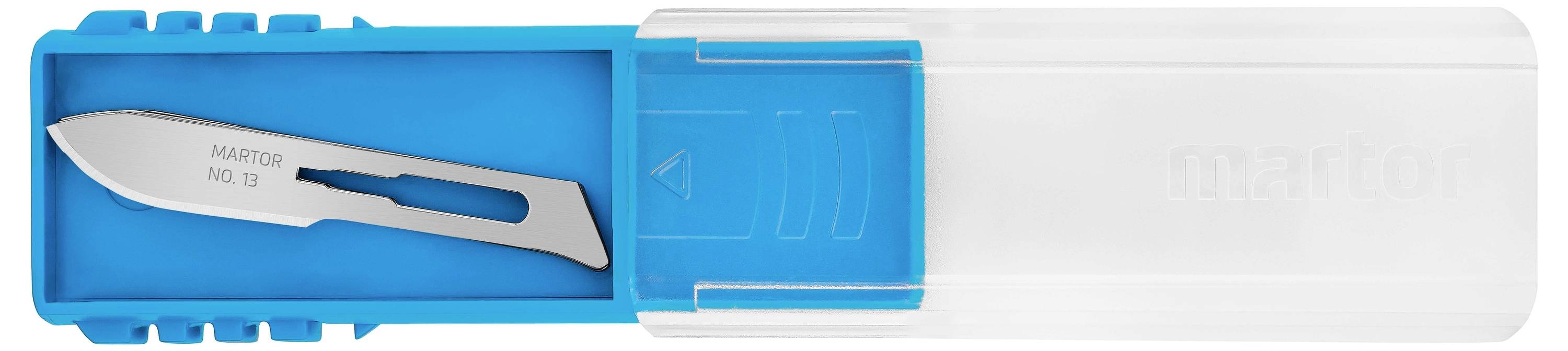 Ein Skalpell mit Klinge Nr. 11 in einer transparenten Box, die teilweise geöffnet ist. Es ist für präzise Schneidarbeiten gedacht.