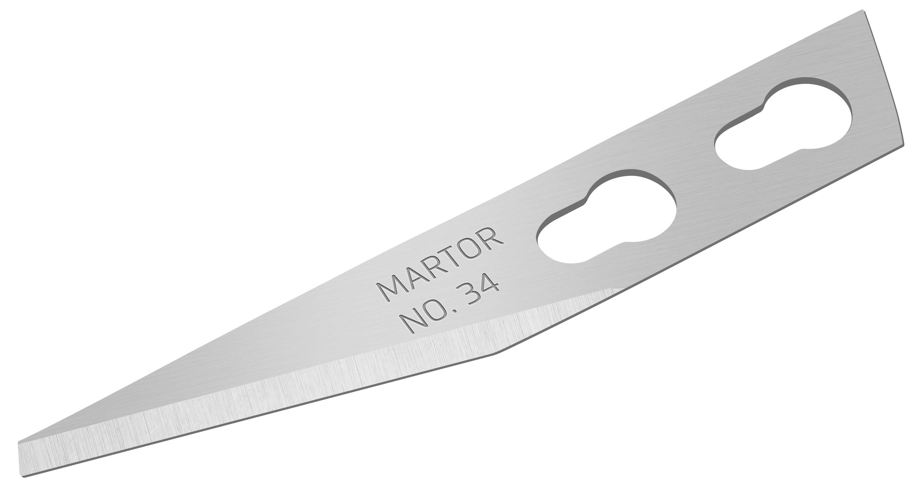 Ein silbernes Ersatzmesser mit der Aufschrift 'MARTOR NO. 34', geeignet für präzises Schneiden.