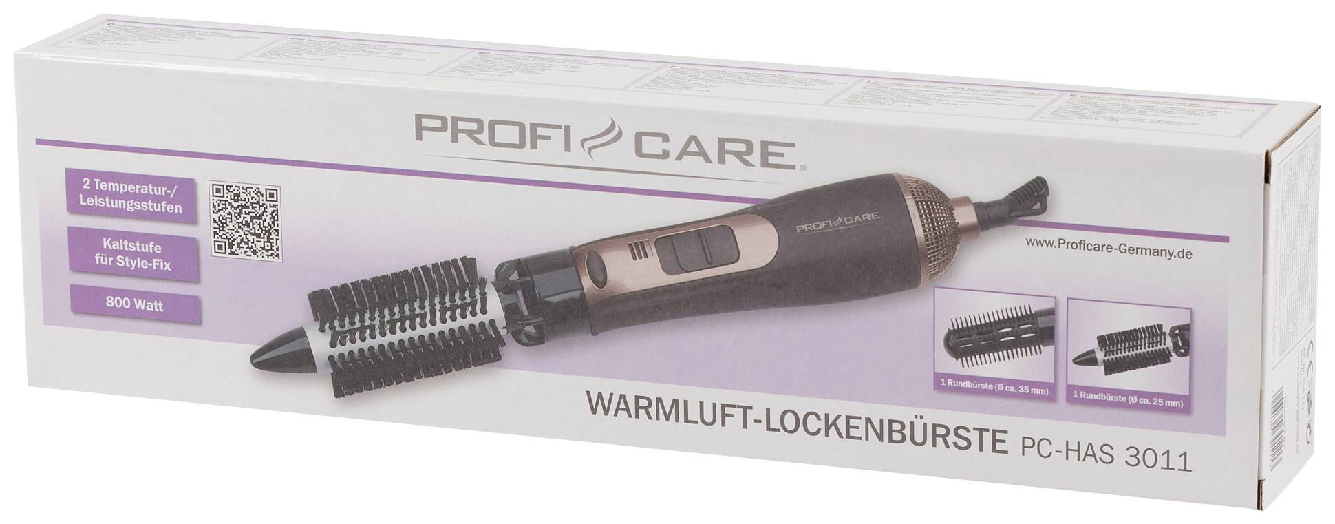 Warmluft-Lockenbürste von ProfiCare, Modell PC-HAS 3011, 800 Watt, in Verpackung. Zwei Temperaturstufen, inkl. Styler-Aufsatz.
