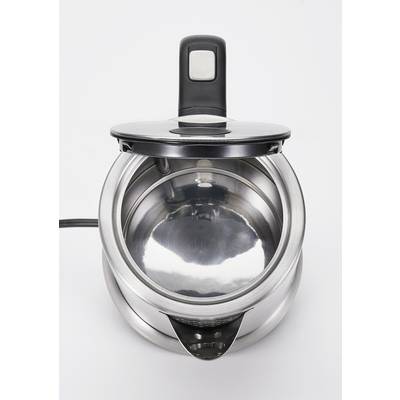 Offener, leerer Edelstahl-Wasserkocher von oben gesehen, mit einem Deckel, der leicht geöffnet ist. Keine sichtbaren Markenlogos.