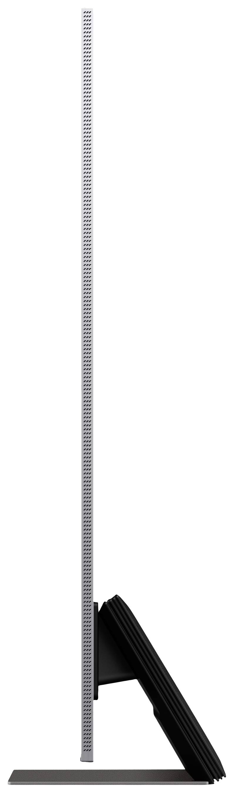 Seitenansicht eines ultradünnen Monitors auf einem Standfuß. Der Monitor ist schwarz und hat ein modernes, schlankes Design.