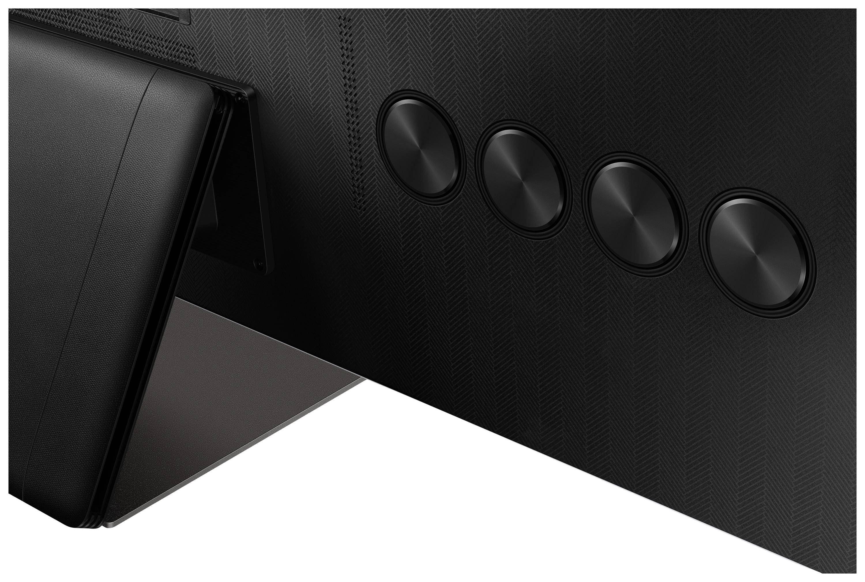 Rückseite eines Monitors mit vier runden Tasten, die zur Steuerung des Geräts genutzt werden können, auf einem Ständer.