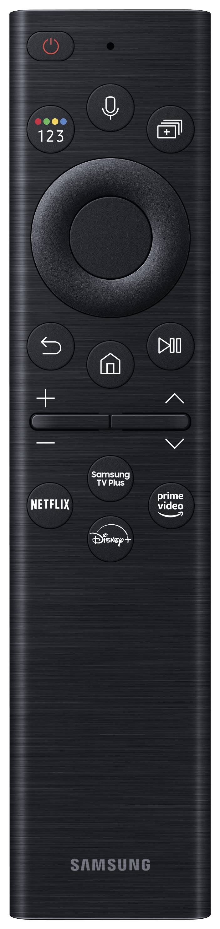 Eine schwarze TV-Fernbedienung mit Tasten für Lautstärkeregelung, Navigation, Sprachsteuerung und Schnellzugriff auf Netflix und Disney+.
