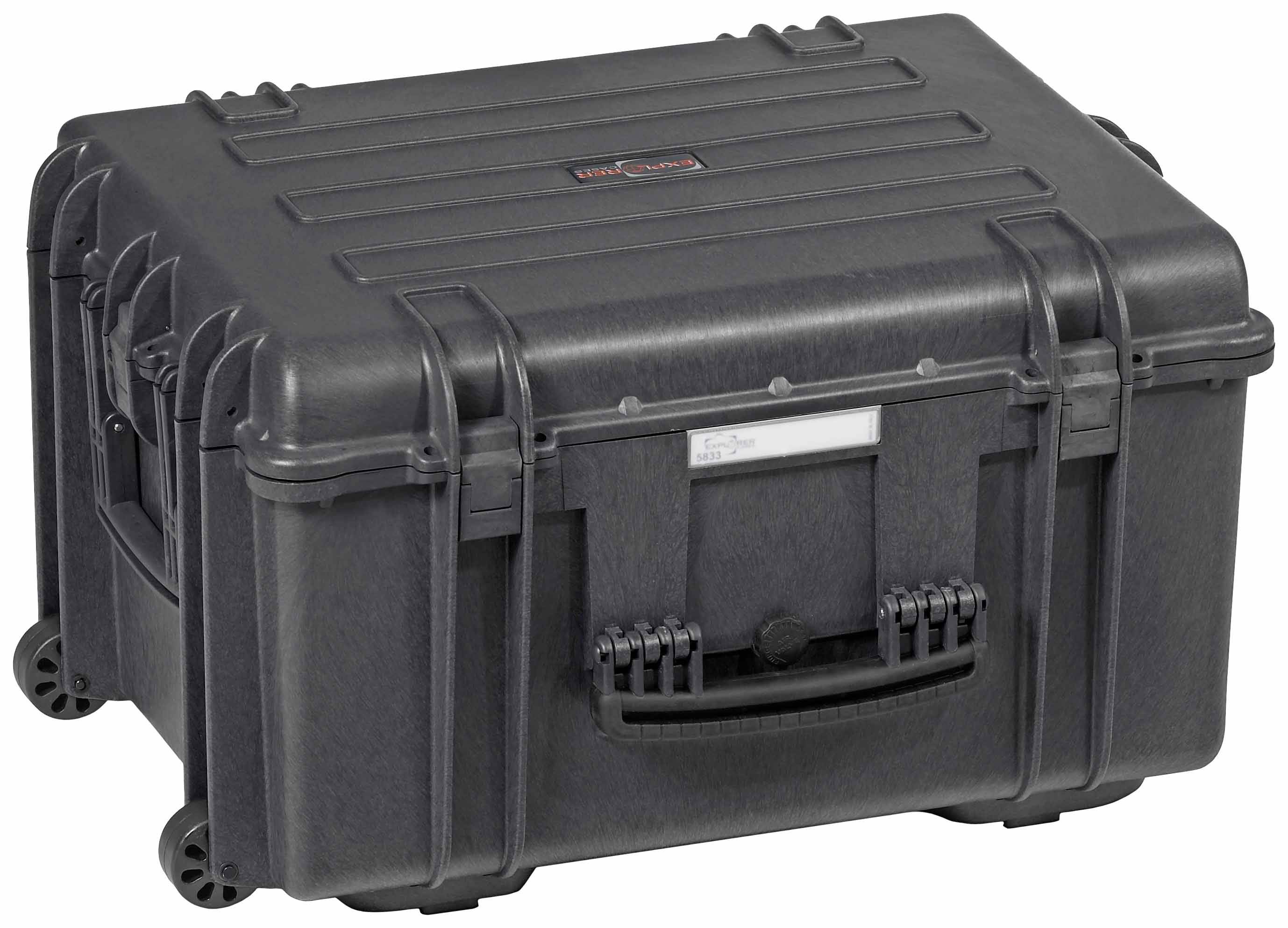 Eine robuste, schwarze Transportbox mit Rädern und Griffen, geeignet für den sicheren Transport empfindlicher Gegenstände.