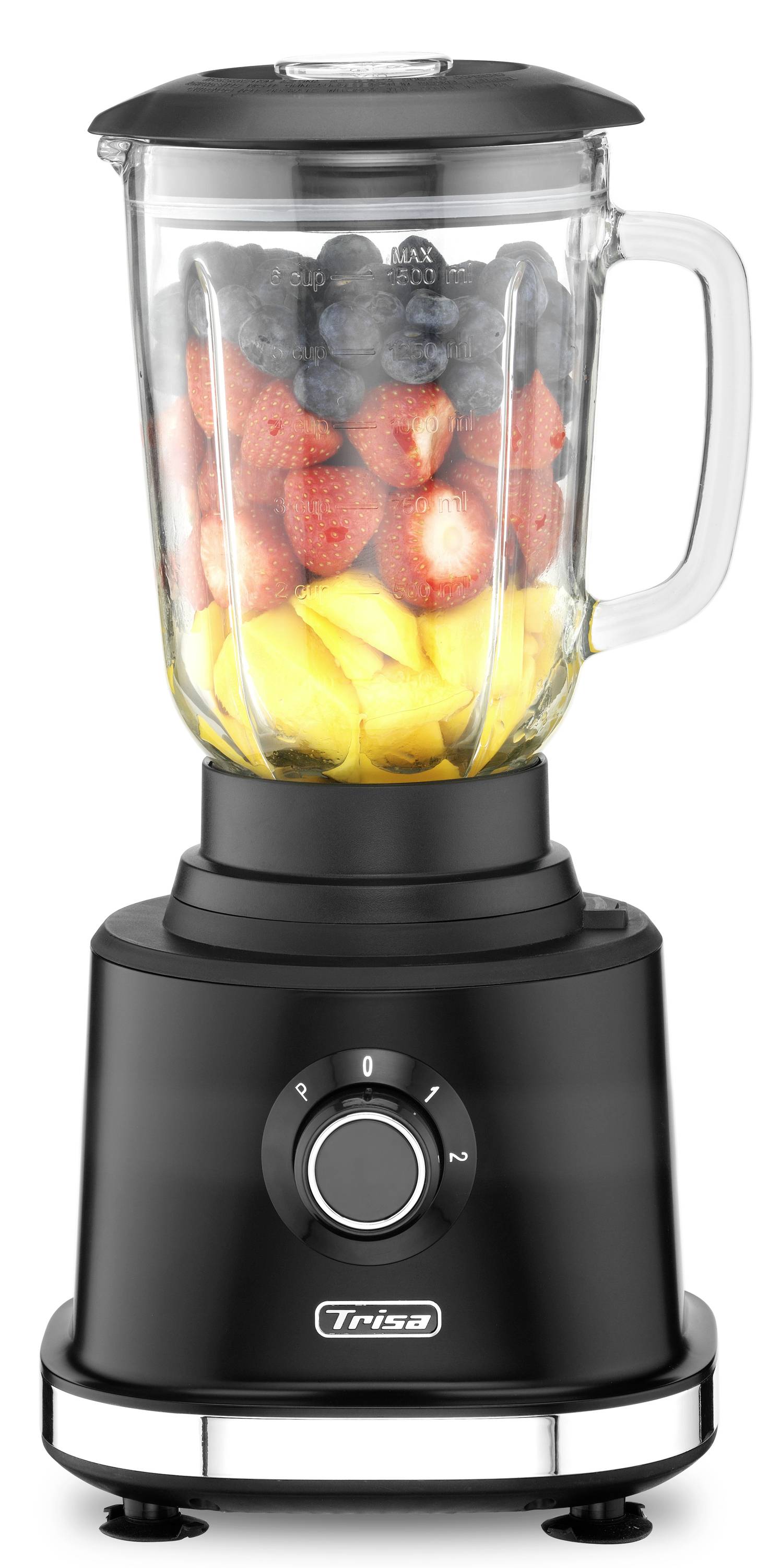 Schwarzer Mixer mit Glasbehälter, gefüllt mit Beeren und Mangostücken. Bedienknopf zeigt Stufe 2. Gerät bereit zum Mixen.