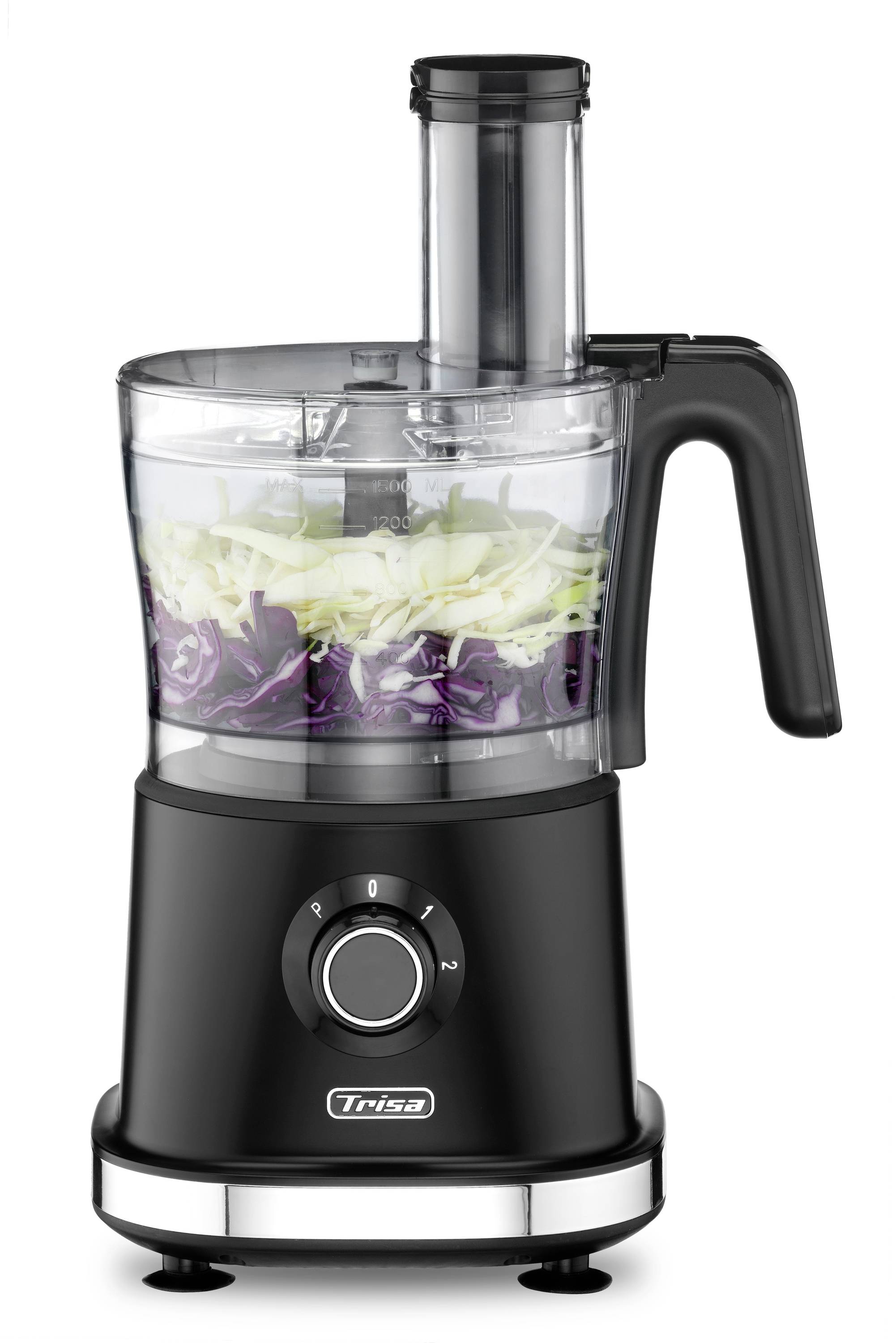 Ein schwarzer Küchenmixer mit transparentem Behälter. Enthält geriebene weiße und rote Zutaten. Geeignet zum Zerkleinern von Lebensmitteln.
