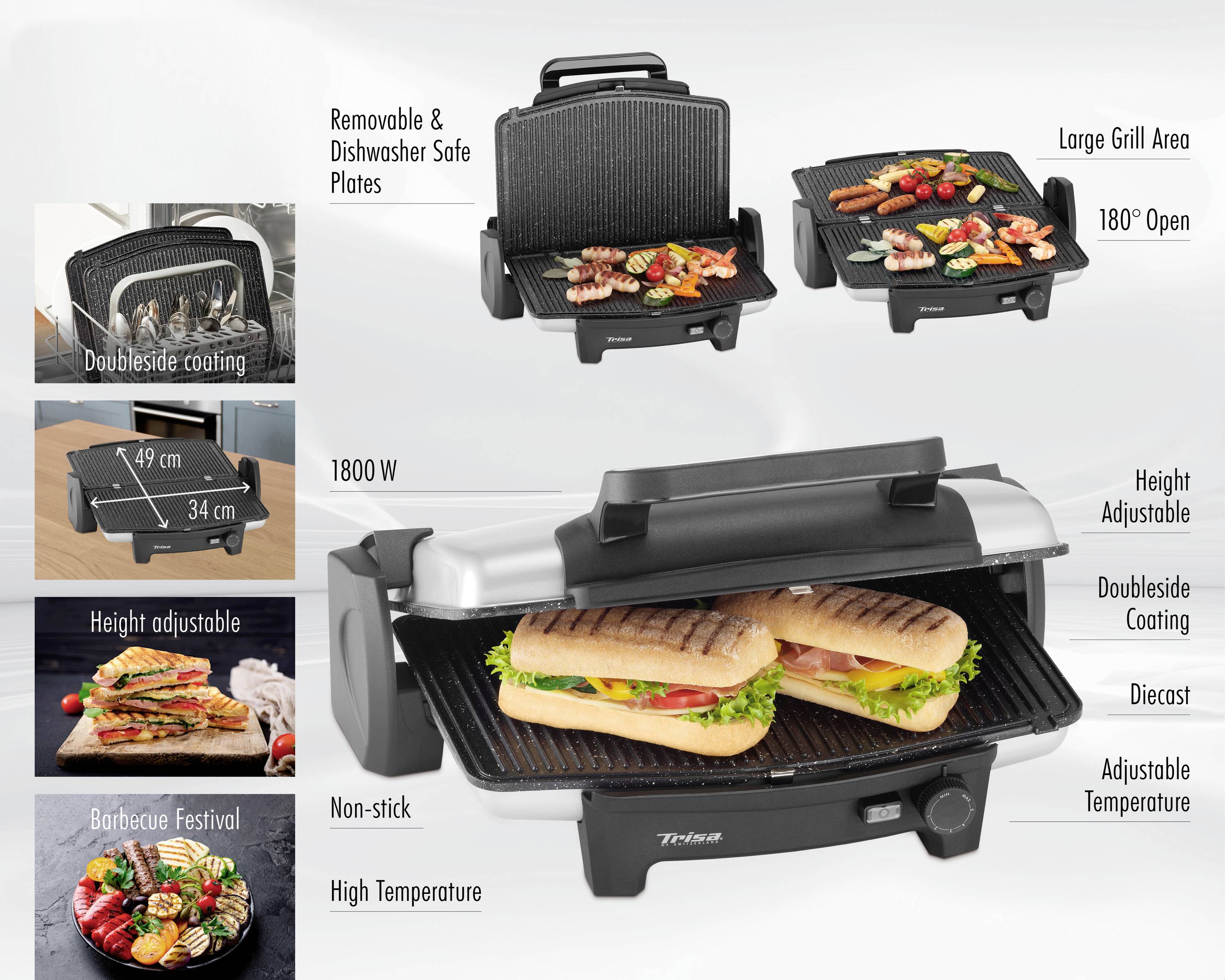 Ein Kontaktgrill mit großen Grillflächen, abnehmbaren und spülmaschinenfesten Platten. Höhe verstellbar, 180° öffnend, 1800 W Leistung. Ideal für Sandwiches und Grillgerichte.
