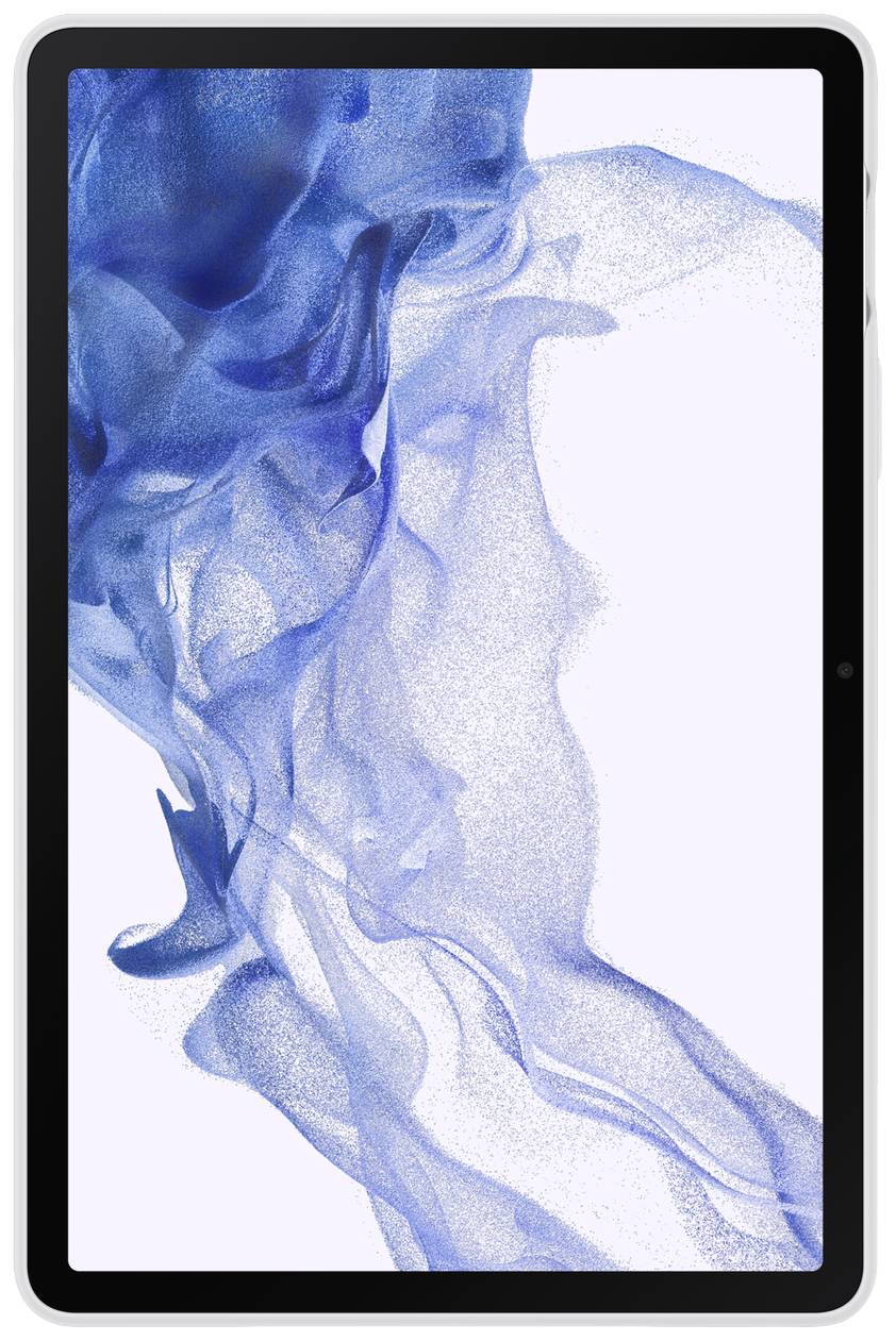 Ein Tablet mit einem Display, das blaue, abstrakte Rauchformen zeigt.