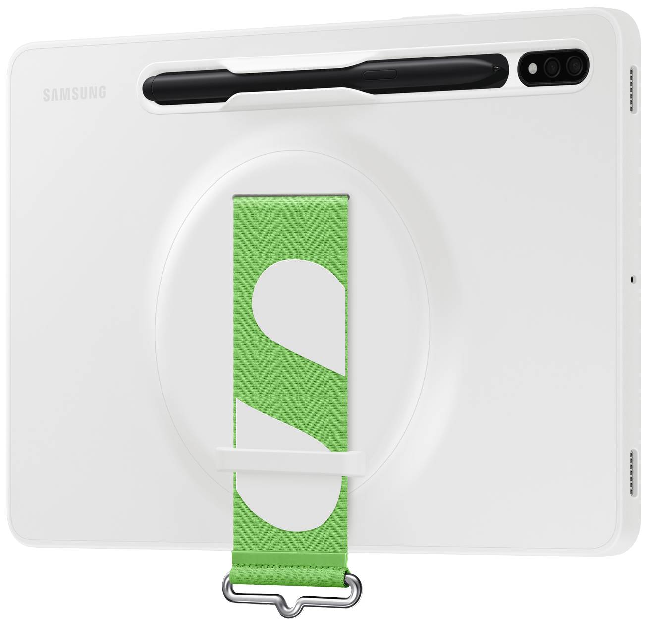 Weißes Samsung-Tablet mit grüner Handschlaufe und Stifthalterung auf der Rückseite, Blick auf Kameraeinheit.
