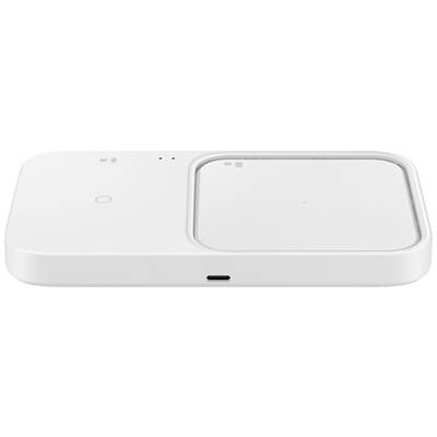 Ein weißes, rechteckiges drahtloses Ladegerät mit zwei Ladeflächen, einer runden Taste und einem USB-C-Anschluss.