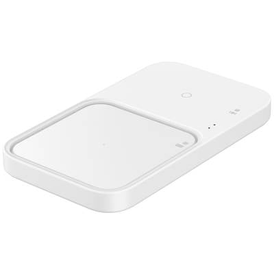 Drahtloses Ladegerät in Weiß mit zwei Ladeflächen, LED-Anzeigen und einem runden Knopf in der Mitte. Ideal für mobiles Laden.